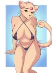  2022 5_fingers anthro bikini breasts camel_toe clothing felid female fingers fur hi_res inner_ear_fluff kironzen looking_at_viewer mammal nintendo persian_(pok&eacute;mon) pok&eacute;mon pok&eacute;mon_(species) red_eyes simple_background sitting sling_bikini smile smiling_at_viewer solo swimwear tan_body tan_fur tuft video_games whiskers 