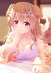  1girl 54hao animal_ears bangs bare_shoulders blurry blurry_background bone_hair_ornament breasts brown_hair cartoon_bone cleavage closed_mouth collarbone depth_of_field dog_ears dog_girl dog_tail dress floral_print hair_between_eyes hair_ornament hand_up highres hololive inugami_korone long_hair long_sleeves lying medium_breasts on_stomach purple_dress red_eyes smile solo strap_slip tail wide_sleeves 