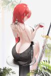  1girl alcohol ass back bangs bare_back bare_legs barefoot breasts chucolala cleavage cup dress drinking_glass dropping from_behind green_eyes highres hiseki_erio holding holding_cup jewelry long_hair macrazy necklace red_hair sitting sword virtual_youtuber weapon wine wine_glass 