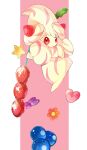  1girl alcremie alcremie_(strawberry_sweet) alcremie_(vanilla_cream) bangs big_hair blueberry bug butterfly closed_mouth clover colored_skin commentary english_commentary expressionless flower food four-leaf_clover fruit full_body hands_up heart heart_in_eye highres holding holding_food horezai long_hair looking_at_viewer multicolored_hair multicolored_skin orange_flower pink_background pink_hair pink_skin pokemon pokemon_(creature) red_eyes simple_background solo star_(symbol) strawberry streaked_hair symbol_in_eye two-tone_hair two-tone_skin white_hair white_skin 
