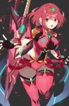  1girl aegis_sword_(xenoblade) bangs black_gloves breasts chest_jewel earrings fingerless_gloves gem gloves headpiece highres jewelry kinagi_(3307377) large_breasts pyra_(xenoblade) red_eyes red_hair red_shorts short_hair short_shorts shorts solo swept_bangs sword thighhighs tiara weapon xenoblade_chronicles_(series) xenoblade_chronicles_2 