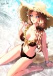  1girl beach bikini blonde_hair blue_eyes bracelet breasts cleavage collarbone esther_shen fire_emblem fire_emblem:_three_houses fire_emblem_heroes hat jewelry large_breasts long_hair mercedes_von_martritz nail_polish navel official_alternate_costume paid_reward_available partially_submerged signature solo sun_hat swimsuit 