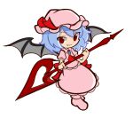  1girl ascot bat_wings black_wings blue_hair closed_mouth fang full_body hat hat_ribbon holding holding_weapon looking_at_viewer mob_cap pink_footwear pink_headwear pink_shirt pink_skirt puyopuyo red_ascot red_eyes red_ribbon remilia_scarlet ribbon shinmon_akika shirt short_hair short_sleeves simple_background skirt smile solo spear_the_gungnir tongue tongue_out touhou weapon white_background wings 