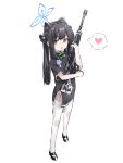  1girl absurdres animal_ear_fluff animal_ears bangs black_dress black_footwear black_hair blue_archive bow cat_ears china_dress chinese_clothes dress full_body green_bow green_eyes gun halo heart highres long_hair looking_at_viewer object_hug parted_lips rifle shoes short_sleeves shun_(blue_archive) shun_(small)_(blue_archive) simple_background sniper_rifle sniper_scope solo spoken_heart thighhighs twintails very_long_hair weapon white_background yigebukanpinduoduoderen 