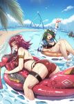  2girls ass bangs bare_shoulders beach blush breasts brown_eyes carly_nagisa floating floating_object glasses green_hair highres huge_ass izayoi_aki large_breasts long_hair looking_at_viewer looking_back mibry_(phrysm) multiple_girls ocean on_water outdoors red_hair sky smile swimsuit thick_thighs thighs water yu-gi-oh! yu-gi-oh!_5d&#039;s 