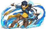  1boy armor bangs black_hair blue_eyes blue_jacket brown_pants drawing_tablet hair_between_eyes holding holding_stylus hood hoodie jacket male_focus ninnin_(shishitou) official_art orange_footwear pants puzzle_&amp;_dragons shoes shoulder_armor sneakers solo stylus v-shaped_eyebrows yellow_hoodie 