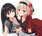  2girls black_hair black_hairband blonde_hair bow closed_mouth commentary_request grey_shirt hair_bow hairband inoue_takina long_hair looking_at_viewer lycoris_recoil multiple_girls nishikigi_chisato open_clothes open_shirt purple_eyes red_bow red_eyes red_shirt shirt short_hair simple_background skirt smile syurimp v white_background white_skirt 