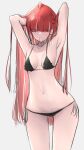  1girl absurdres armpits arms_up ass_visible_through_thighs bikini black_bikini bright_pupils eyes_visible_through_hair frills grey_background highres hololive hololive_indonesia kureiji_ollie long_hair mouth_hold navel olivia_(kureiji_ollie) one_eye_closed red_eyes red_hair robbilgigih simple_background sketch solo swimsuit very_long_hair virtual_youtuber white_pupils 