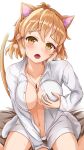  1girl animal_ears azqa blush breasts cat_ears cat_girl cat_tail highres kemonomimi_mode naked_shirt navel open_clothes open_mouth open_shirt orange_eyes orange_hair panties self_fondle senki_zesshou_symphogear shirt short_hair solo sweat tachibana_hibiki_(symphogear) tail underwear 