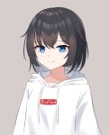  1girl bangs black_hair blue_eyes brand_name_imitation closed_mouth collarbone commentary drawstring grey_background hood hoodie looking_at_viewer original pmasterm portrait simple_background smile solo supreme_(brand) white_hoodie 