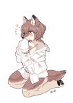  &lt;3 4_fingers 4_toes anthro baggy_clothing baggy_shirt baggy_topwear blush bottomless breasts brown_body brown_eyes brown_fur brown_hair canid canine claws clothed clothing digital_media_(artwork) feet female fingers fur hair hi_res kneeling mammal nekomamanyao pawpads shirt simple_background smile solo tan_body tan_fur toe_claws toes topwear white_clothing white_shirt white_topwear 