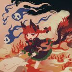 1girl animal_ears bei_iii bow braid cat_ears cat_tail dress fire highres hitodama kaenbyou_rin molten_rock multiple_tails red_hair smoke solo tail touhou twin_braids two_tails 