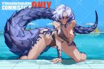  1girl au_ra blue_hair breasts cleavage clothing_cutout commission dragon_girl dragon_horns dragon_tail final_fantasy final_fantasy_xiv highres horns large_breasts leaning_forward licking_lips one-piece_swimsuit one_eye_closed red_eyes short_hair sky smile solo swimsuit tail theamazingspino tongue tongue_out underboob underboob_cutout water watermark 