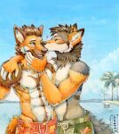  &lt;3 2022 5_fingers abs akatan_art anthro canid canine clothing duo fingers hi_res kissing male male/male mammal outside palm_tree plant swimming_trunks swimwear tree 