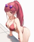  1girl absurdres ass bangs bare_shoulders bikini breasts cleavage eyewear_on_head heterochromia highres hololive houshou_marine jewelry large_breasts long_hair looking_at_viewer necklace ponytail red_bikini red_eyes red_hair smile solo swimsuit thigh_strap vezbin virtual_youtuber yellow_eyes 