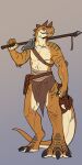  1:2 absurd_res anthro arm_scar black_claws brown_claws brown_horn chest_scar claws clothed clothing dinosaur facial_scar finger_claws front_view half-closed_eyes hi_res holding_object holding_spear holding_weapon horn imperatorcaesar looking_at_viewer male melee_weapon muscular muscular_anthro muscular_male narrowed_eyes orange_body orange_tail partially_clothed polearm reptile scalie scar sharp_teeth solo spear tan_body tan_tail teeth toe_claws weapon 