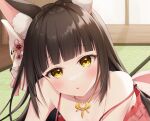  1girl animal_ears architecture azur_lane bangs black_hair blunt_bangs blush close-up collarbone commentary_request east_asian_architecture fox_ears fox_girl fox_mask indoors long_hair looking_at_viewer mask mask_on_head nagato_(azur_lane) nagato_(great_fox&#039;s_respite)_(azur_lane) nagura_shiro pajamas parted_lips sidelocks sleeveless solo spaghetti_strap sunlight tatami window yellow_eyes 