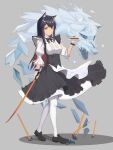  1girl alternate_costume animal_ears arknights black_bow black_bowtie black_dress black_footwear black_hair black_wrist_cuffs bow bowtie brank_zalan breasts cake cake_slice colored_inner_hair dress enmaided food grey_background highres holding holding_plate holding_sword holding_weapon long_hair long_sleeves looking_at_viewer maid medium_breasts multicolored_hair orange_eyes pantyhose plate red_hair shoes simple_background solo sword texas_(arknights) two-tone_dress two-tone_hair weapon white_dress white_pantyhose wolf_ears wolf_girl 