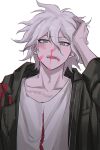  1boy bangs blood boleum_(dgrpluna) collarbone commentary_request danganronpa_(series) danganronpa_2:_goodbye_despair green_jacket grey_background grey_hair hand_on_own_head hand_up highres jacket komaeda_nagito long_sleeves male_focus messy_hair nosebleed open_clothes open_jacket pink_blood print_shirt shiny shiny_hair shirt simple_background upper_body watermark 