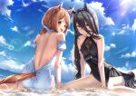  2girls :d animal_ears bare_back bare_shoulders black_hair black_swimsuit blue_scrunchie blue_sky bracelet braid brown_hair closed_mouth cloud day earrings hair_between_eyes hair_ornament hair_scrunchie horse_ears horse_girl horse_tail jewelry looking_at_viewer manhattan_cafe_(umamusume) multiple_girls ocean one-piece_swimsuit open_mouth outdoors scrunchie short_hair single_earring sky smile summer sunlight swimsuit tail tks_(526tks) umamusume wet wet_clothes wet_swimsuit yellow_eyes yukino_bijin_(umamusume) 