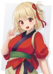  1girl blonde_hair blush breasts commentary_request hand_up highres japanese_clothes kimono large_breasts looking_at_viewer lycoris_recoil minakami_mimimi nishikigi_chisato open_mouth red_eyes red_kimono red_ribbon ribbon ribbon_hair short_hair sleeves_rolled_up smile teeth upper_teeth v 