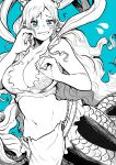  1girl absurdres blue_background blue_eyes breasts cleavage crying crying_with_eyes_open greyscale_with_colored_background hair_behind_ear highres large_breasts long_hair mermaid midriff monochrome monster_girl navel one_piece scylla shirahoshi solo spotlight tears tentacles very_long_hair yotsumi_shiro 