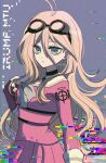  1girl antenna_hair bangs barbed_wire black_choker blonde_hair bow bowtie character_name choker danganronpa_(series) danganronpa_v3:_killing_harmony fingerless_gloves from_side glitch gloves goggles goggles_on_head hair_between_eyes hand_up iruma_miu long_hair long_sleeves mikao_(eanv5385) pink_background pink_shirt pink_skirt pleated_skirt shirt skirt solo wavy_hair 