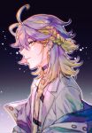  1boy aster_arcadia blonde_hair blue_hair choker ear_piercing earrings facing_to_the_side gradient gradient_background highres jewelry long_sleeves looking_at_viewer male_focus multicolored_hair nijisanji nijisanji_en piercing purple_hair smile solo star_(symbol) white_hair yellow_eyes yuan_zhou 