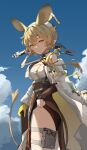  1girl absurdres animal_ears arknights arusu_mie_mie_zi bangs bare_shoulders blonde_hair blue_sky breasts brown_skirt closed_mouth cloud coat cowboy_shot day dorothy_(arknights) gloves gun high-waist_skirt highres holding hourglass long_hair long_sleeves looking_at_viewer low_ponytail medium_breasts mouse_ears mouse_girl mouse_tail off_shoulder open_clothes open_coat orange_eyes outdoors pelvic_curtain shirt single_glove skirt sky sleeves_past_wrists smile solo tail thigh_pouch thigh_strap thighs underbust weapon white_coat white_shirt yellow_gloves 