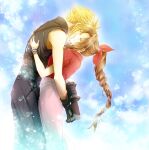  1boy 1girl aerith_gainsborough arm_armor arms_around_waist baggy_pants bangle bangs bare_shoulders belt blonde_hair blue_background blue_pants blue_shirt bracelet braid braided_ponytail brown_hair closed_eyes cloud cloud_strife cloudy_sky couple cropped_jacket dress final_fantasy final_fantasy_vii gloves hair_ribbon hug jacket jewelry kiss kissing_cheek leaning_back leaning_forward long_dress long_hair multiple_belts pants parted_bangs parted_lips persia_(blue-sky) pink_dress red_jacket red_ribbon ribbon shirt short_hair short_sleeves sidelocks simple_background sky sleeveless sleeveless_turtleneck smile spiked_hair suspenders turtleneck upper_body wavy_hair 