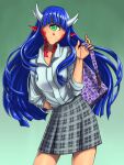  1girl backpack bag blue_hair cacodemon cyclops doom_(series) frown gradient gradient_background green_background green_eyes grey_skirt horns long_hair monster_girl one-eyed personification plaid plaid_skirt pointy_ears shirt simple_background skirt standing substance20 white_shirt 