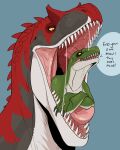  absurd_res anthro black_claws blue_background bodily_fluids claws duo english_text glistening glistening_tongue green_body green_scales grey_body grey_scales head_spikes hi_res imperatorcaesar in_mouth male mouth_shot narrowed_eyes open_mouth oral_vore pink_tongue red_body red_scales saliva saliva_string scales sharp_teeth simple_background speech_bubble spikes spikes_(anatomy) teeth text three-quarter_view tongue vore white_body white_scales 