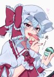  1girl absurdres blue_hair bow eating eyes_visible_through_hair food hair_between_eyes hat heart highres himadera holding mob_cap nail_polish open_mouth red_bow red_nails remilia_scarlet simple_background solo touhou white_background 