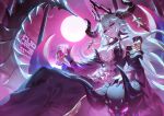  1girl absurdres armor bangs breasts cleavage colored_skin crossed_bangs cup demon_girl demon_queen_lilith dress guardian_tales highres holding holding_cup large_breasts long_hair looking_at_viewer moon night no_bra pink_eyes pointy_ears purple_skin shoulder_armor sitting smile solo u_u_zan underboob 