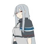  1girl anger_vein arknights ascot black_capelet capelet grey_ascot grey_hair grey_shirt kofucchi long_hair looking_at_viewer no_hat no_headwear red_eyes shirt sidelocks simple_background skadi_(arknights) solo upper_body v-shaped_eyebrows very_long_hair white_background 