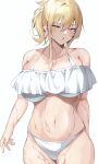  1girl :o absurdres bangs bare_shoulders bikini blonde_hair blush breasts cleavage collarbone commentary_request highres large_breasts looking_at_viewer love_live! love_live!_nijigasaki_high_school_idol_club medium_hair miyashita_ai namazu_(yamasonson) navel off_shoulder open_mouth ponytail simple_background solo sweat swimsuit white_background white_bikini yellow_eyes 
