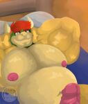  absurd_res anthro areola bappig bed belly biceps big_belly bowser cute_fangs erection eyewear eyewear_only fangs foreskin furniture genitals glasses glasses_only hair hi_res horn humanoid_genitalia humanoid_penis inside koopa lying male mario_bros musclegut muscular muscular_anthro muscular_male navel nintendo nipples nude on_back on_bed overweight overweight_anthro overweight_male pecs penis pillow red_hair retracted_foreskin scalie smile solo video_games 