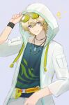  1boy arknights bishounen blonde_hair blue_eyes cowboy_shot dog_boy dog_tags enpu_(emplehuoy) eyewear_on_head hand_up highres hood hoodie jewelry male_focus necklace short_hair smile solo star_(symbol) sunglasses tequila_(arknights) tinted_eyewear 