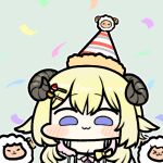  &gt;_&lt; 1girl :3 blonde_hair breasts chibi cleavage closed_eyes closed_mouth commentary_request confetti curled_horns hair_between_eyes hair_ornament hairclip hat hololive horns jazz_jack long_hair lowres party_hat purple_eyes sheep solo tsunomaki_watame virtual_youtuber 