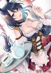  1girl :d abe_hikaru absurdres animal_ears apron bangs bare_shoulders black_hair blue_eyes blush breasts choker cleavage collarbone corset cup detached_sleeves dutch_angle eishin_flash_(umamusume) frilled_apron frilled_skirt frilled_sleeves frills highres holding holding_tray horse_ears horse_girl horse_tail indoors large_breasts long_sleeves red_choker red_skirt saucer short_hair skirt smile solo spoon striped striped_skirt tail tea teacup teapot tray umamusume vertical-striped_skirt vertical_stripes waist_apron white_apron wide_sleeves 