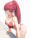  1girl absurdres ass bangs bare_shoulders bikini breasts cleavage eyewear_on_head heterochromia highres hololive houshou_marine jewelry large_breasts long_hair looking_at_viewer necklace ponytail red_bikini red_eyes red_hair solo swimsuit thigh_strap vezbin virtual_youtuber wet yellow_eyes 