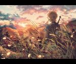  1boy blonde_hair blue_tunic cloud cloudy_sky earrings facing_away falling_petals grass hill jewelry kunugi37 layered_shirt link long_sleeves looking_afar low_ponytail male_focus medium_hair outdoors petals pointy_ears shield short_ponytail short_sleeves sidelocks sky solo sunlight sunset sword the_legend_of_zelda the_legend_of_zelda:_breath_of_the_wild upper_body weapon weapon_on_back 