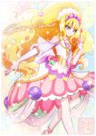  1girl blonde_hair blue_eyes character_name commentary_request cure_finale delicious_party_precure dress earrings eyelashes gradient gradient_background hair_ornament happy highres jewelry kamikita_futago kasai_amane long_hair looking_at_viewer magical_girl precure smile solo standing very_long_hair 