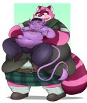  2022 anthro belly belly_grab big_belly blush bottomwear canid canine clothing duo hi_res humanoid_hands kemono kilt kusosensei male mammal obese obese_male overweight overweight_male pants pink_body purple_body raccoon_dog size_difference tanuki 