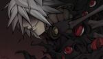  1boy bangs bone commentary darkness dated demon english_commentary extra_eyes grin hair_between_eyes hair_over_eyes high_collar highres kiel-d-01 male_focus ragnarok_online red_eyes short_hair signature smile solo twai upper_body white_hair 