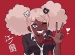  1girl alternate_skin_color bangs bear_hair_ornament black_bra black_shirt blue_eyes blush bow bra collarbone danganronpa:_trigger_happy_havoc danganronpa_(series) dark-skinned_female dark_skin enoshima_junko grin hair_ornament heart highres kiana_mai looking_at_viewer nail_polish one_eye_closed red_background red_bow red_bra red_nails shiny shiny_hair shirt smile teeth translation_request twintails underwear upper_body w 