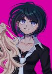  1girl bangs black_bra black_hair black_shirt blonde_hair blue_eyes bra breasts closed_mouth collarbone danganronpa:_trigger_happy_havoc danganronpa_(series) esu_(tasoesu) freckles grey_necktie highres holding_wig ikusaba_mukuro long_sleeves medium_breasts necktie pink_background shiny shiny_hair shirt short_hair simple_background solo underwear 