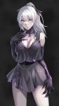  1girl abyssal_ship aircraft_carrier_princess_ii black_dress breasts claws cleavage collarbone cowboy_shot dress hair_between_eyes highres kantai_collection kokuzou large_breasts long_hair looking_at_viewer open_mouth pale_skin ponytail purple_eyes solo white_hair 