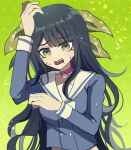  1girl alternate_hairstyle artist_name bangs bell black_hair blue_shirt blush bow bowtie breasts chabashira_tenko collar danganronpa_(series) danganronpa_v3:_killing_harmony gradient gradient_background green_background green_eyes green_hairband hairband large_breasts long_hair looking_at_viewer mikao_(eanv5385) mole mole_under_mouth neck_bell open_mouth pink_collar sailor_collar shiny shiny_hair shirt solo sweat teeth upper_body upper_teeth watermark wavy_hair white_bow white_bowtie white_sailor_collar 