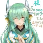  1girl bangs blush breasts closed_eyes dragon_girl dragon_horns fate/grand_order fate_(series) green_hair highres horns japanese_clothes kimono kiyohime_(fate) long_hair long_sleeves medium_breasts multiple_horns neko_daruma open_mouth smile solo translation_request wide_sleeves 